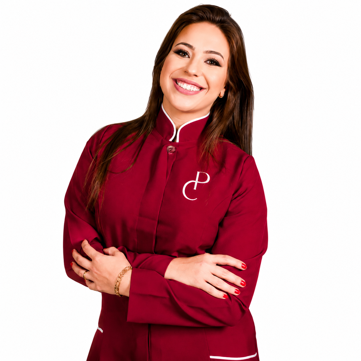 Profissional da PelvClinic em jaleco vinho com os braços cruzados, sorrindo